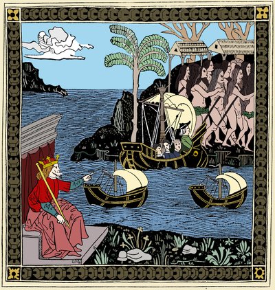 Christopher Columbus Discovering America, puupiirros, 1493 tekijältä Unbekannt