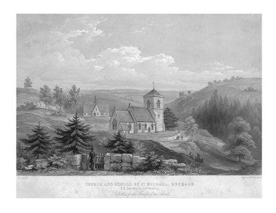 Pyhän Mikaelin kirkko ja koulu, Bussage, n. 1800. tekijältä Unbekannt