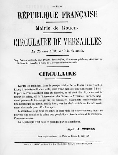 Circulaire de Versailles, Pariisin kommuunin Ranskan poliittisista julisteista, toukokuu 1871 tekijältä Unbekannt