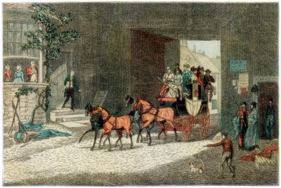 Linja-auto saapuu majatalon pihalle, 1890 tekijältä Unbekannt