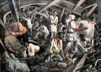 Hiilikaivostyöläiset jäivät maan alle katon putoamiseen, Courrieres Mines, Pas-de-Calais, Ranska, 1906 tekijältä Unbekannt