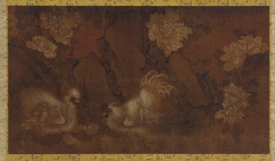 Kukko, kana ja kanat pionipensaiden lähellä, Qing-dynastia, 1700-luku. tekijältä Unbekannt