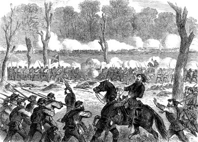 Konfederaation kenraali Hood haavoittui Chickamaugan taistelussa, Yhdysvaltain sisällissodassa 1863 tekijältä Unbekannt
