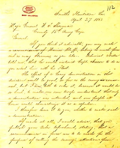 Nykyaikainen kopio Yhdysvaltain Grantin, Smithin Plantation, Louisiana, kirjeestä kenraali W. T. Shermanille, 27. huhtikuuta 1863 tekijältä Unbekannt