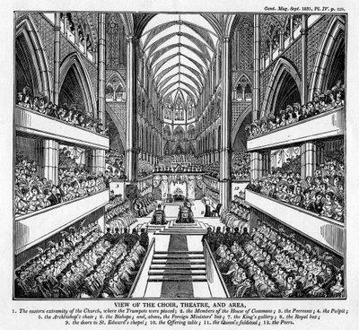 Kuningas William IV:n ja kuningatar Adelaiden kruunaus, Westminster Abbey, Lontoo, 1831 tekijältä Unbekannt