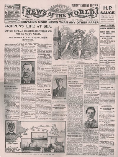 Crippens Life at Sea, News of the World -lehden etusivu, 31. heinäkuuta 1910. tekijältä Unbekannt