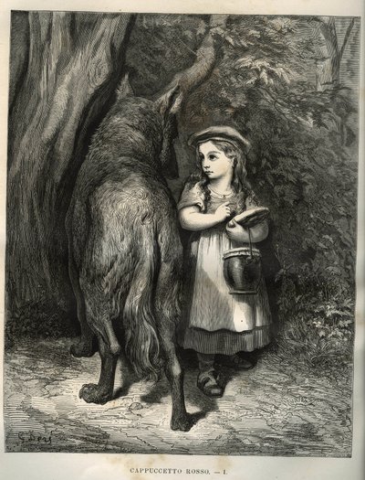 Metsän ylittäessä pieni punahilkka kohtaa suden. Gustave Doren (1832-1883) kaiverrus Charles Perraultin (1628-1703) teoksesta "Les contes" tekijältä Unbekannt
