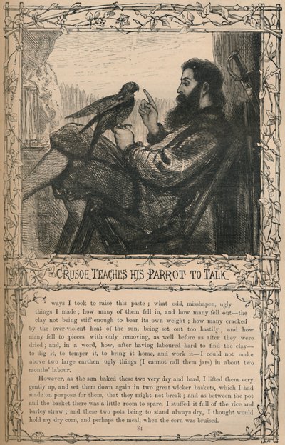Crusoe opettaa papukaijansa puhumaan, 1870 tekijältä Unbekannt