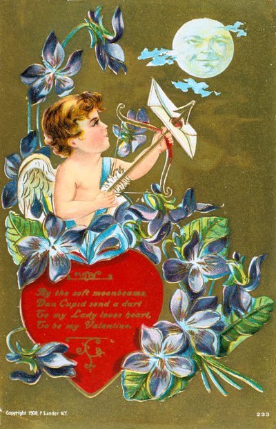 Amor ampuu nuolta kantaen rakkauskirjettä, amerikkalainen ystävänpäiväkortti, 1908 tekijältä Unbekannt