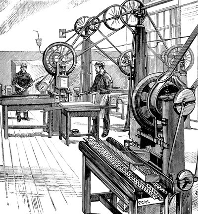 Kolikkoaihioiden leikkaaminen metallinauhoista, Royal Mint, Lontoo, 1897 tekijältä Unbekannt