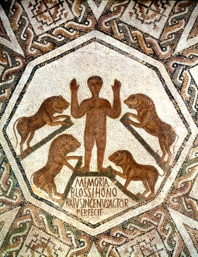 Daniel leijonien luolassa, roomalainen mosaiikki, 5. vuosisata tekijältä Unbekannt