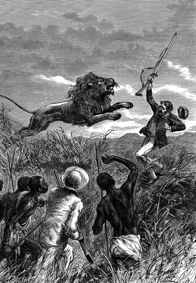 David Livingstone, skotlantilainen lähetyssaarnaaja ja Afrikan tutkimusmatkailija, leijonan hyökkäyksessä, 1860 tekijältä Unbekannt