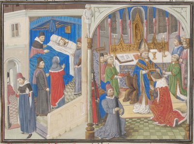 Jerusalemin Amalrik I:n kuolema. Baldwin IV:n kruunaus. Vilhelmin Tyroksen pienoismalli Historiasta, 1460-luku tekijältä Unbekannt