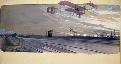 Ilmailun alku: Louis Paulhan (1884-1963) ohitti rautatien yli kaksitasollaan 300 km:n Lontoon ja Manchesterin suoran kilpailun aikana 27. ja 28. huhtikuuta 1910 tekijältä Unbekannt