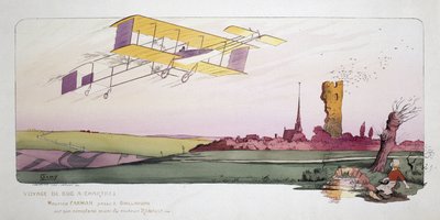 Ilmailun alku: Maurice Farman (1878-1964) Renault-moottorilla varustetussa kaksitasossa "Voyage de Bac a Chartres" -kilpailun aikana, noin 1910 tekijältä Unbekannt