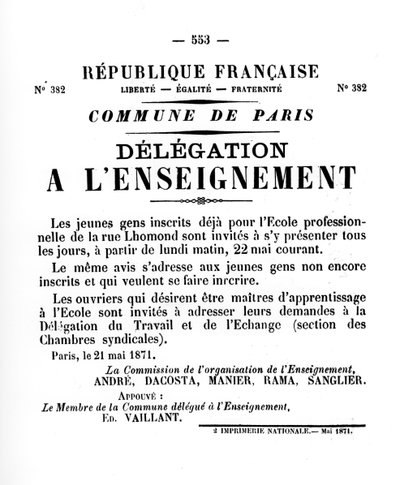 Delegaatio a LEnseignement, Pariisin kommuunin Ranskan poliittisista julisteista, toukokuu 1871 tekijältä Unbekannt