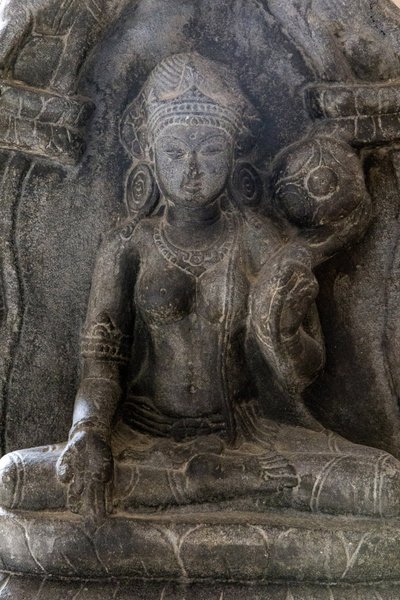 Delhin kansallismuseo. Gaja-Lakshmi (norsut suihkuttavat vettä jumalatar Lakshmin päälle). Pala, 9. vuosisadalla jKr. Bihar. Kivi. Yksityiskohta. Intia. tekijältä Unbekannt