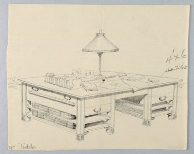 Suunniteltu massiiviselle kirjaston säilytyspöydälle, jossa on kaksi avointa kantohyllyä kummallakin puolella, 1900–05 tekijältä Unbekannt
