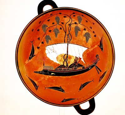 Dionysius purjeveneessä delfiinien ympäröimänä, antiikin kreikkalainen ruokalaji Krater, 530 eaa. tekijältä Unbekannt