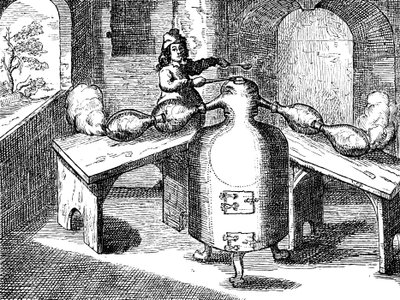 Typpihapon tislaus Aqua fortis tai erotushappo rautamiehessä, jossa on kaksi nenää, 1689 tekijältä Unbekannt