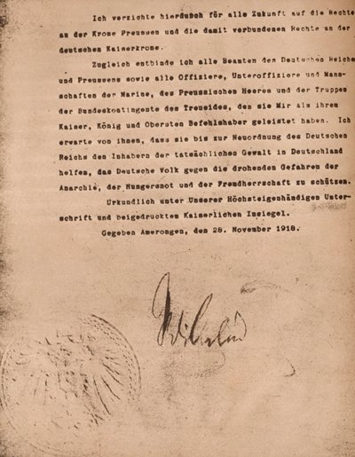 Asiakirja, joka vahvistaa Saksan keisari Wilhelm II:n kruunusta luopumisen, 9.11.1918 1935. tekijältä Unbekannt