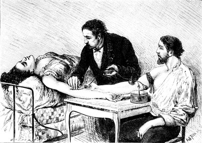 Tohtori Roussell Genevestä antaa naiselle suoran verensiirron vapaaehtoiselta, 1882 tekijältä Unbekannt