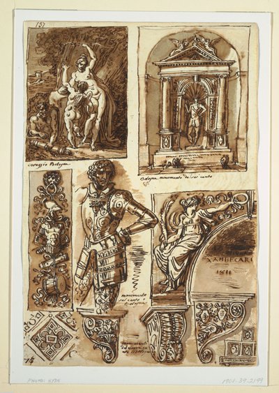 Piirustus, opintoarkit Bolognesen muistomerkkien jälkeen, 1811–14 tekijältä Unbekannt