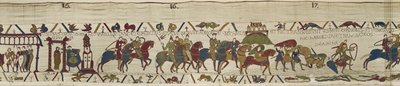 Herttua William johdattaa armeijansa Bretagneen, missä Harold urheasti elvyttää sotilaita juoksuhiekasta, Bayeux Tapestry (villakirjonta pellavalle) tekijältä Unbekannt