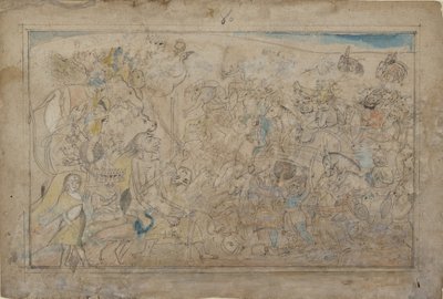 Durga, Kali ja viisi matrikasta taistelevat demoni Shumbhan demoniarmeijaa vastaan..., ka. 1780. tekijältä Unbekannt