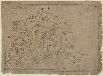 Durga, Kali ja matrikas taistelevat demoni Raktabijaa vastaan: kohtaus Devi Mahatmyasta, Ka. 1780. tekijältä Unbekannt
