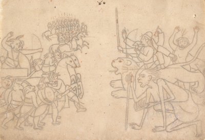 Durga ja Kali lähestyvät Chandan ja Mundan koottuja armeijoita... Devi Mahatmyaa, n. 1780. tekijältä Unbekannt