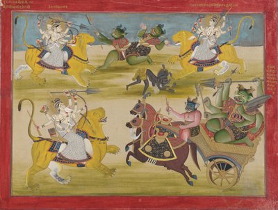 Durga taistelee Rakshasan Shungaa ja Nishungaa vastaan, Devi Mahatmyasta, 1800-luvun puolivälissä. tekijältä Unbekannt