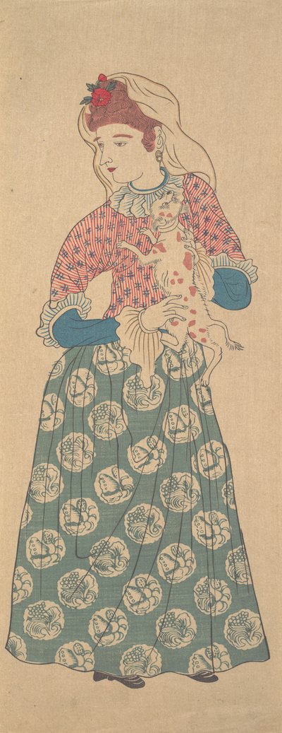 Hollantilainen nainen pitelee koiraa, 1800-luvun ensimmäinen puolisko. tekijältä Unbekannt