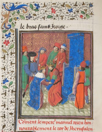 Keisari Manuel I Komnenos tapaa Jerusalemin kuninkaan Amalrik I:n. Vilhelmin Tyroksen pienoismalli Historiasta, 1460-luku tekijältä Unbekannt