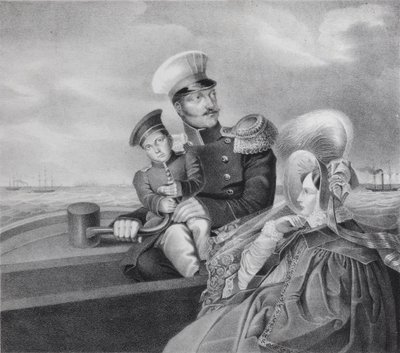 Keisari Nikolai I ja keisarinna Aleksandra Fjodorovna pojan Konstantin Nikolajevitšin kanssa venematkalla, tekijältä Unbekannt