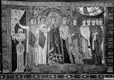 Keisarinna Theodora ja hänen hovinsa jäsenet, Bysantti, 1900-luvun alun alkuperäinen 6. vuosisadalta. tekijältä Unbekannt