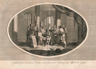 Alfred Suuri jakoi Englannin kreivikuntiin, satoihin ja kymmenysosoihin, 880-luku 1793 tekijältä Unbekannt