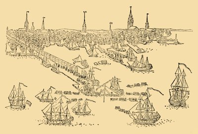Englannin sota-alukset Bostonissa, jossa teejuhlat pidettiin vuonna 1768, n. 1930. tekijältä Unbekannt