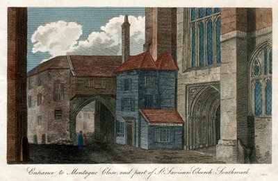 Sisäänkäynti Montague Closeen ja osa St Saviors Church -kirkkoa, Southwark, Lontoo, 1814 tekijältä Unbekannt