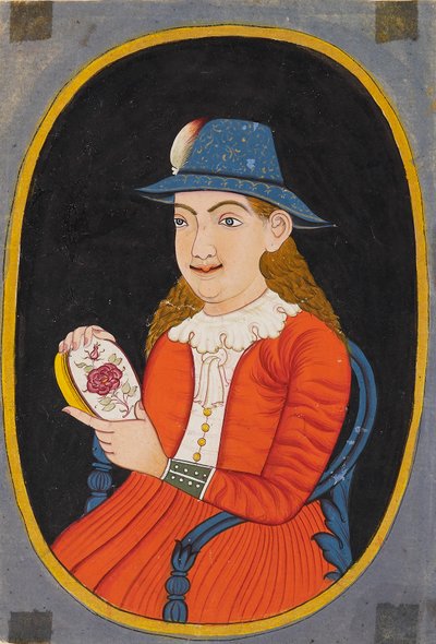 Eurooppalainen, luultavasti hollantilainen, emaloitua laatikkoa pitelevä nainen 1700-1800-luvulla tekijältä Unbekannt