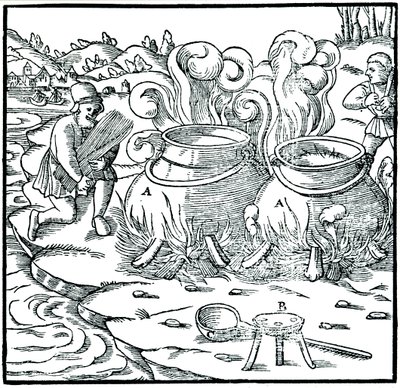 Meriveden haihdutus rautakatiloissa suolan saamiseksi, 1556 tekijältä Unbekannt