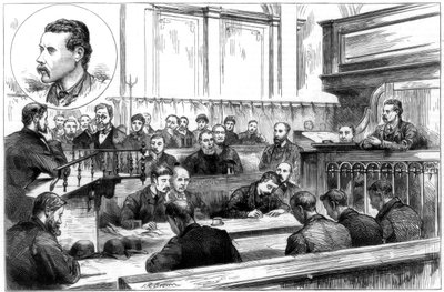 John F Eganin tutkinta Birminghamin poliisioikeudessa, dynamiittijuttu, 1884 tekijältä Unbekannt