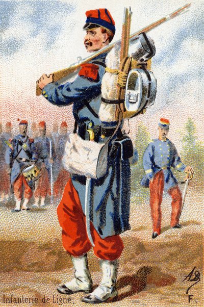 F: Linjajalkaväki. Kaiverrus "Military Alphabet" -kirjaimella. Kuvittajan nimikirjaimet: A. D. Tuntematon kustantaja. Kromolitografiat 1800-luvun lopulla. Mitat: 10,5 x 7 cm. tekijältä Unbekannt