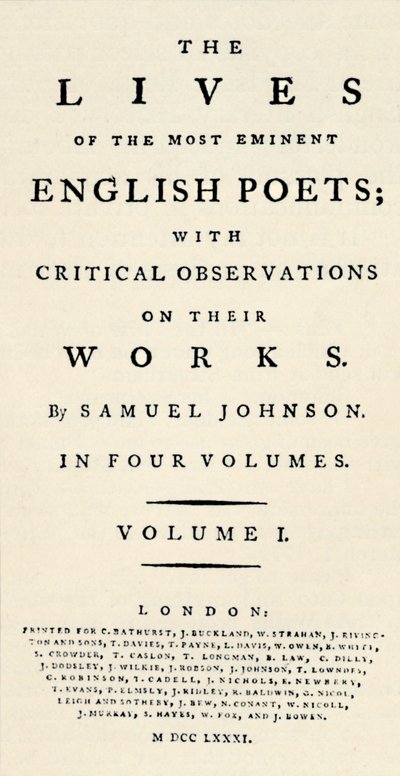 Johnsons Lives of the Poets -julkaisun faksinimikesivu pienennettynä - sellaisena kuin se on julkaistu uudelleen erillisessä muodossa. T tekijältä Unbekannt