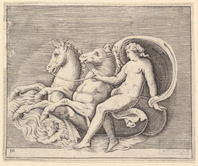 Nainen alaston kahdella merihevosella, julkaistu n. 1599-1622. tekijältä Unbekannt