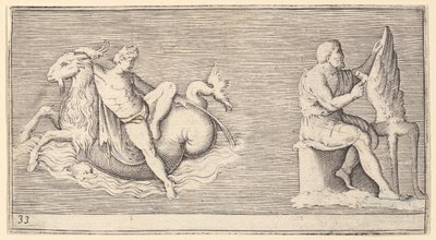 Figuuri on Seagoat, Man Carving Wing, julkaistu n. 1599-1622. tekijältä Unbekannt