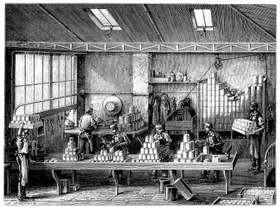 Ruokatölkkien täyttö ja juottaminen, Ranska, c1870 tekijältä Unbekannt