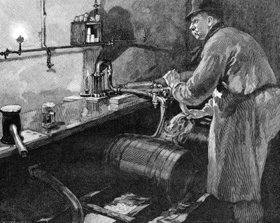 Oluttynnyrien täyttö amerikkalaisessa panimossa, 1885 tekijältä Unbekannt