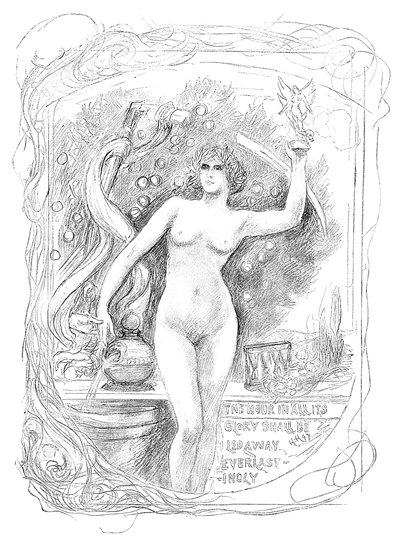Ensimmäinen luonnos emalille Tunti kaikessa loistossaan johdetaan pois ikuisesti, 1899 tekijältä Unbekannt