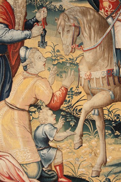 Flanderin kuvakudos. Sarja Hannibalin historia. Hannibal Italiassa (Aníbal en Italia). Kolmas kuvakudos säilyneistä. Mallit Anonyymi Hollannin mestari. Valmista Brysselin työpajoja. Noin 1570. Kangas Villaa ja silkkiä. 6,5/7 loimi/cm. Koko tekijältä Unbekannt